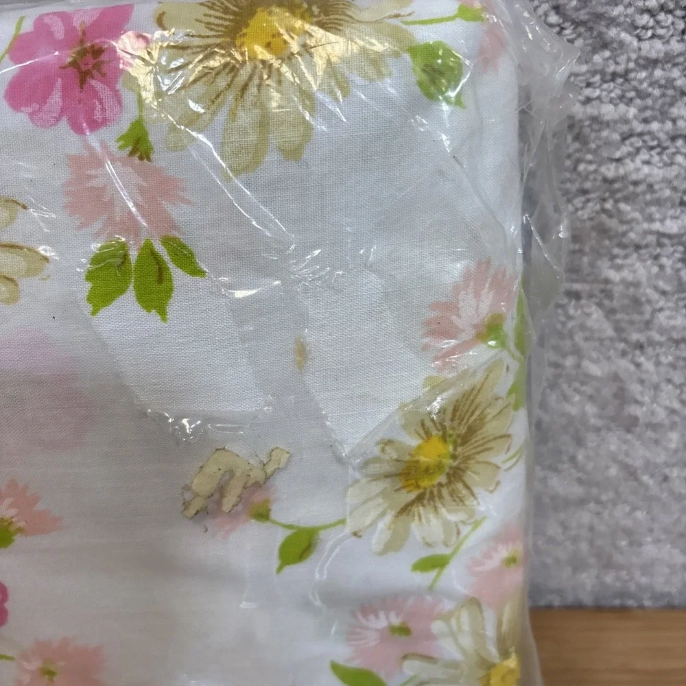 Vtg Pequot No Iron Double Fitted Bed Sheet Pink Yellow Floral 54X76 Mattress NEW